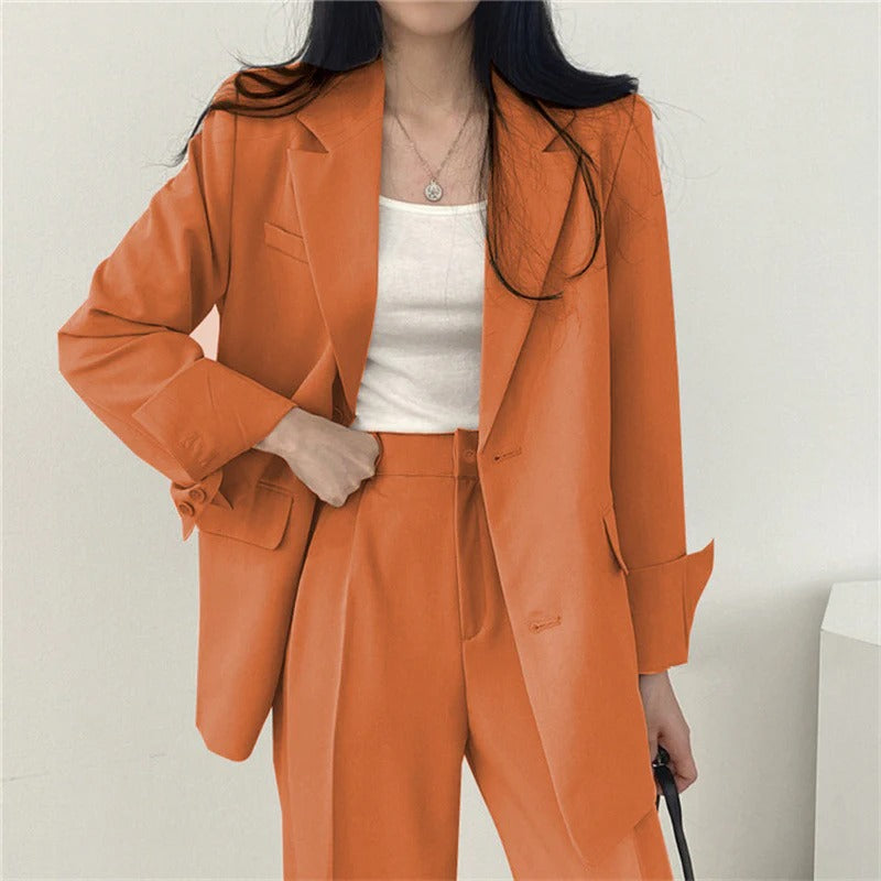 Women blazer and wide leg trouser suit set with high waist pants and structured fit for office workwear