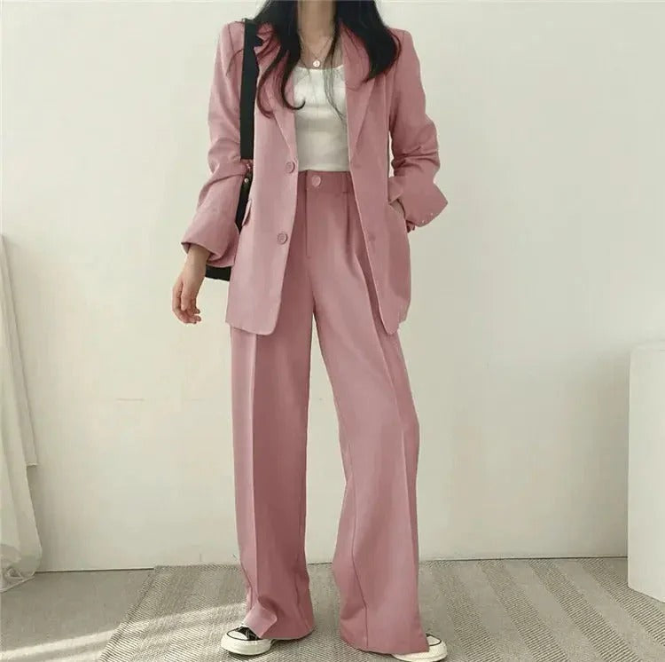 Women tailored blazer and wide leg pants suit set with high waist trousers for office and workwear