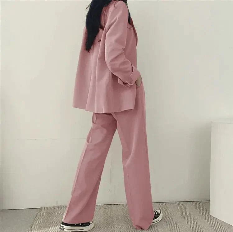 Women blazer and wide leg trouser suit set with high waist pants and structured fit for office workwear