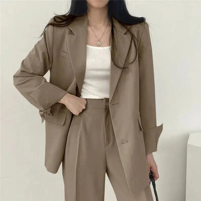 Women blazer and wide leg trouser suit set with high waist pants and structured fit for office workwear
