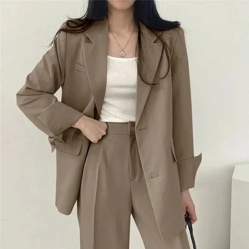 Women blazer and wide leg trouser suit set with high waist pants and structured fit for office workwear