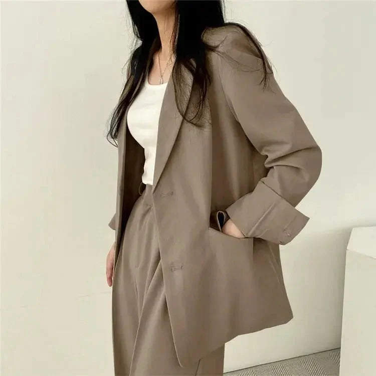 Women blazer and wide leg trouser suit set with high waist pants and structured fit for office workwear