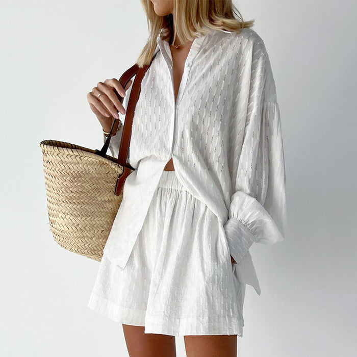 Women oversized broderie stripe two piece set with long sleeve shirt and elastic waist shorts for summer resort wear