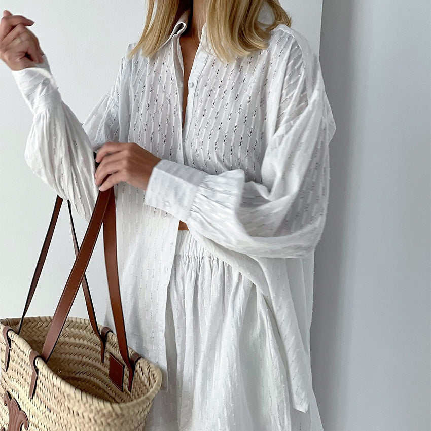 Women oversized broderie stripe two piece set with long sleeve shirt and elastic waist shorts for summer resort wear