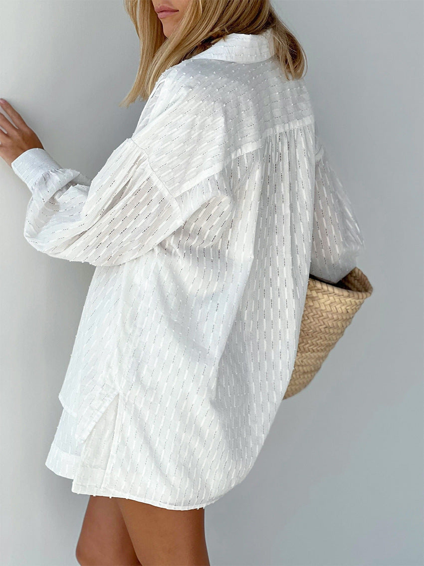 Women oversized broderie stripe two piece set with long sleeve shirt and elastic waist shorts for summer resort wear