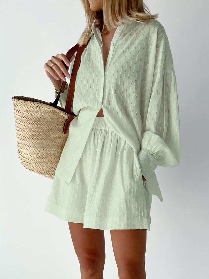 Women oversized broderie stripe two piece set with long sleeve shirt and elastic waist shorts for summer resort wear