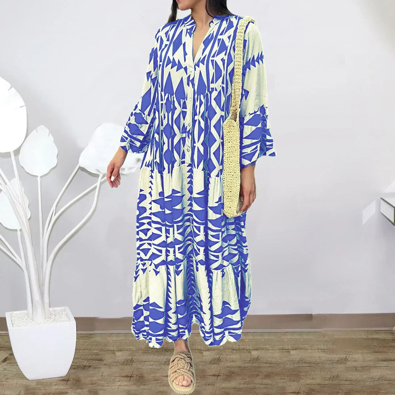 Women wearing casual shirt maxi dress with button front design and long flowing silhouette
