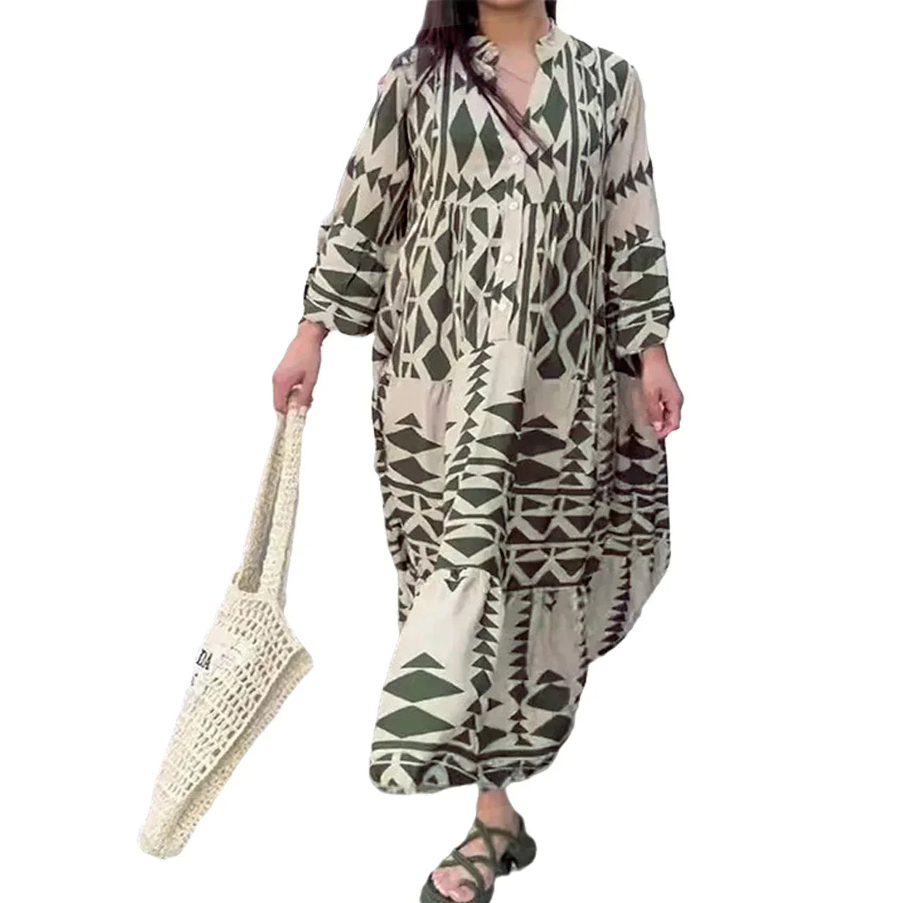 Women wearing casual shirt maxi dress with button front design and long flowing silhouette