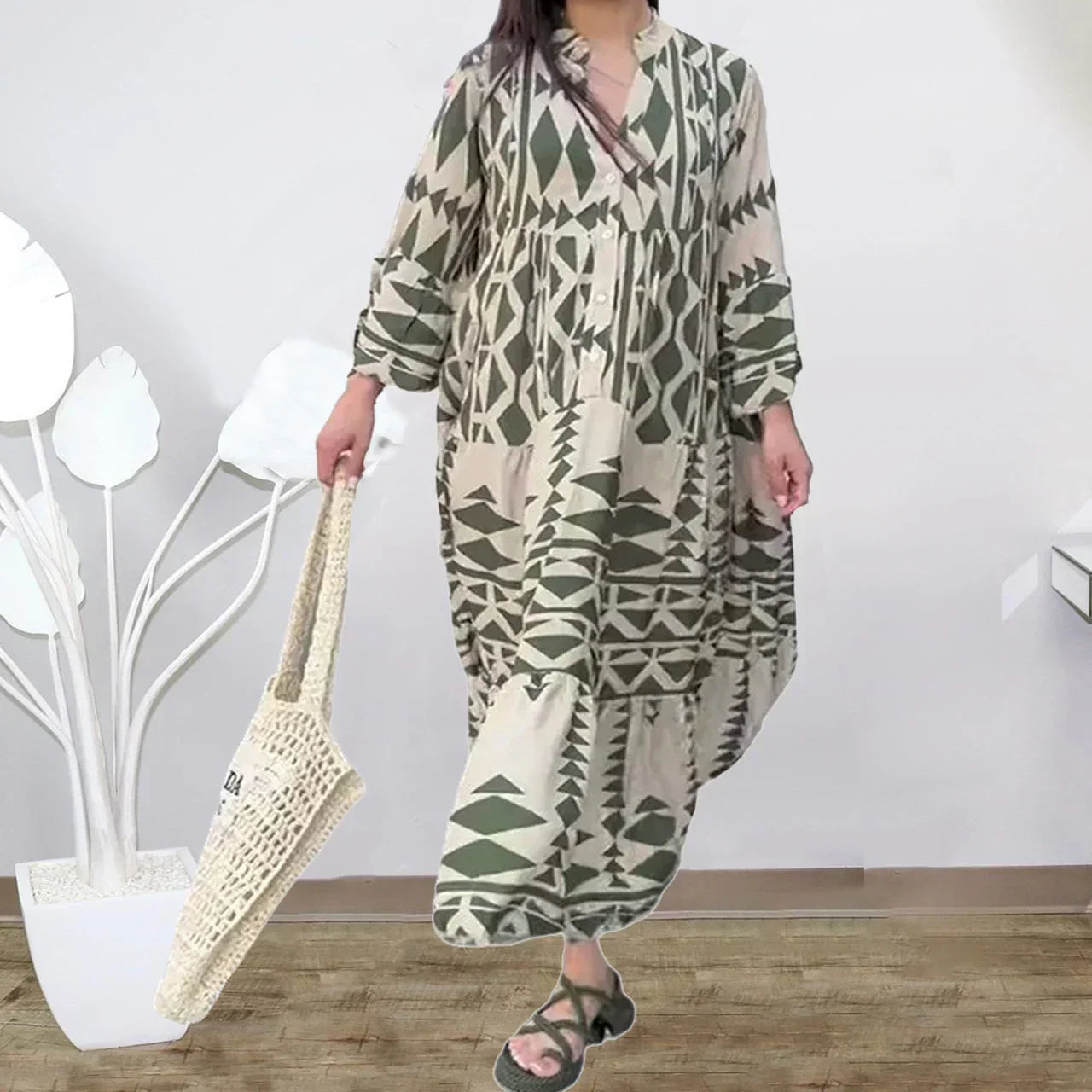 Women wearing casual shirt maxi dress with button front design and long flowing silhouette