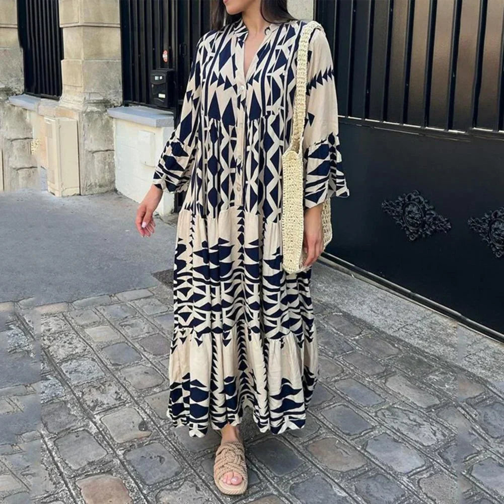 Women wearing casual shirt maxi dress with button front design and long flowing silhouette