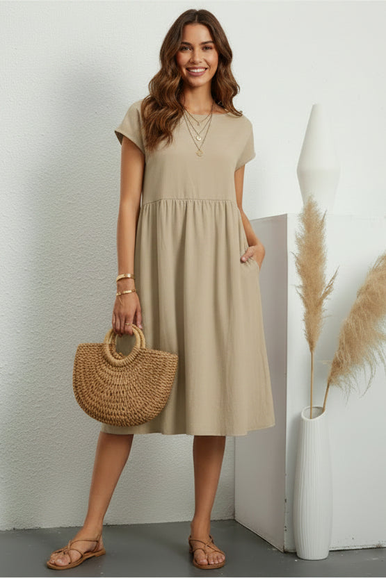 Women wearing a relaxed fit cotton linen vintage summer dress with breathable fabric for warm weather