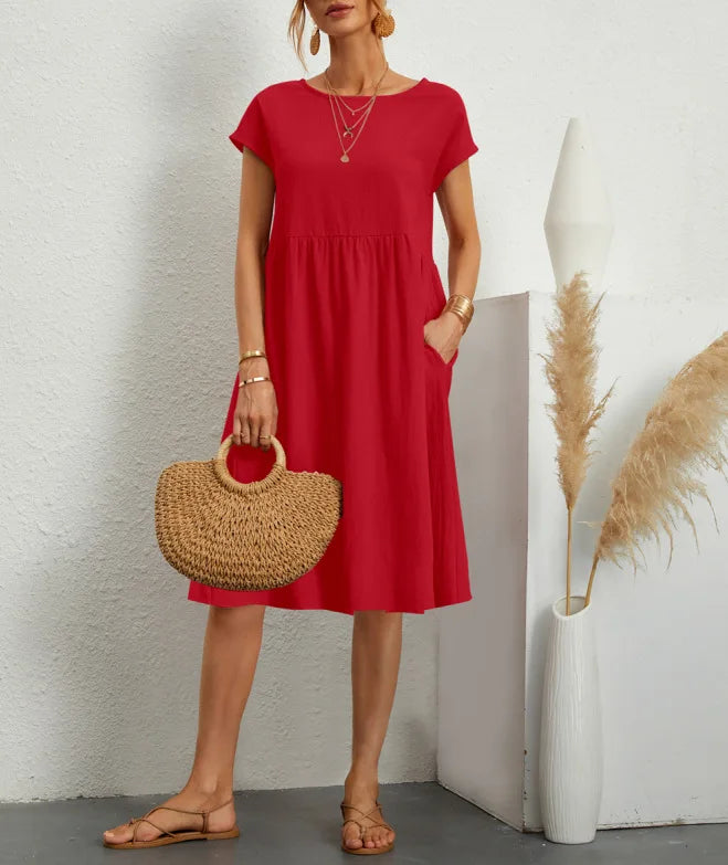 Women wearing a relaxed fit cotton linen vintage summer dress with breathable fabric for warm weather