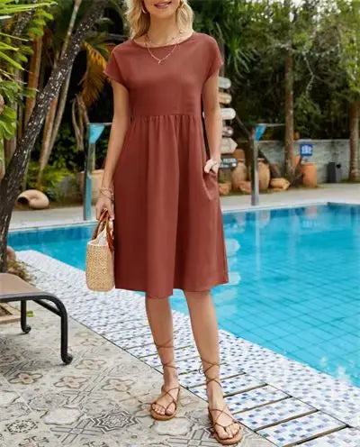 Women wearing a relaxed fit cotton linen vintage summer dress with breathable fabric for warm weather