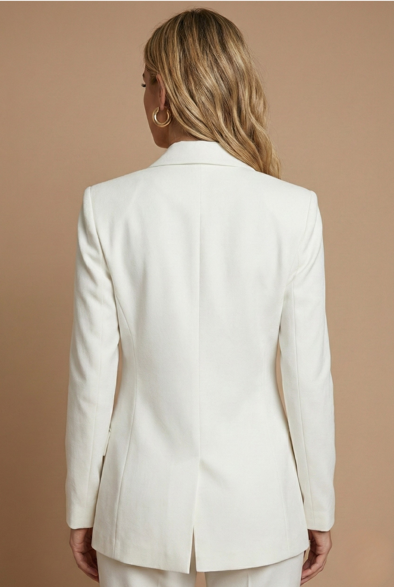 Women double breasted blazer and flared trousers suit set with gold buttons and tailored fit for formal and work wear