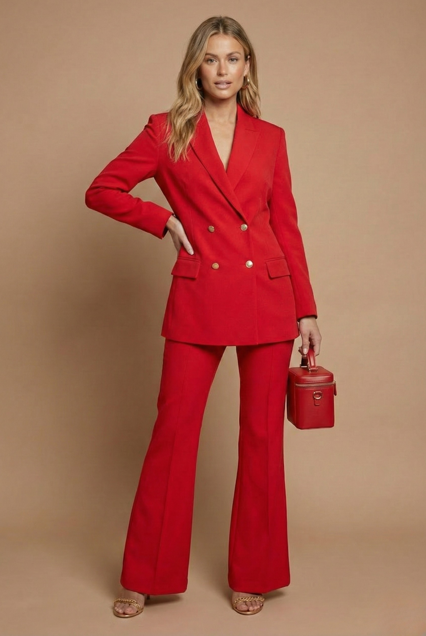 Women double breasted blazer and flared trousers suit set with gold buttons and tailored fit for formal and work wear