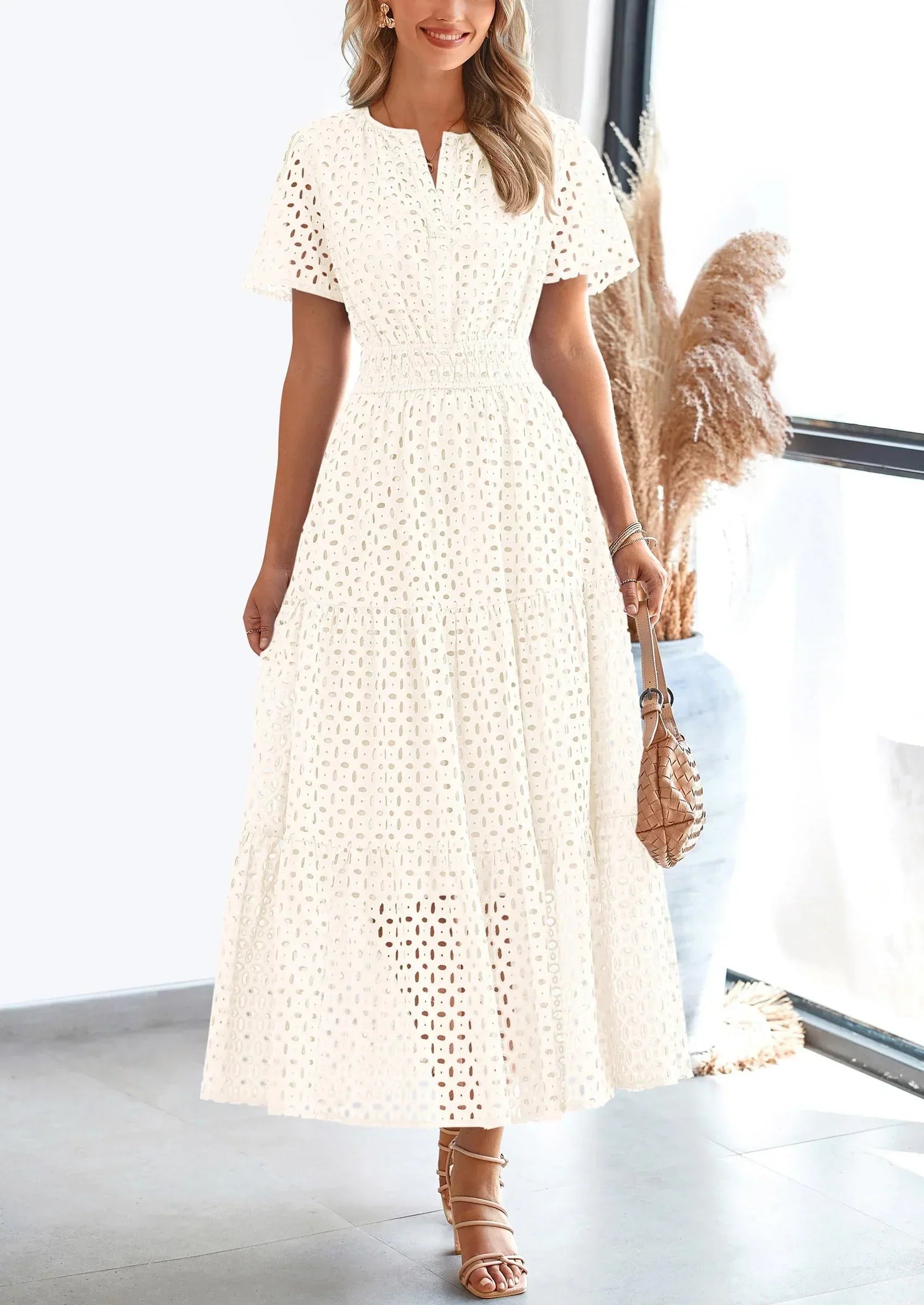 Women’s summer cotton blend dress with eyelet fabric and A-line fit