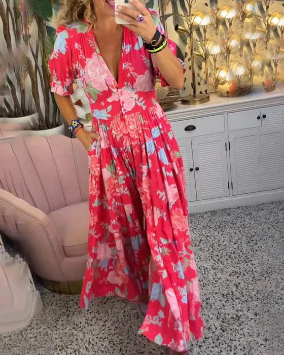 Women’s lightweight maxi dress with elastic waist and V-neck