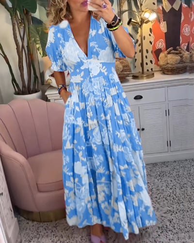Women’s lightweight maxi dress with elastic waist and V-neck