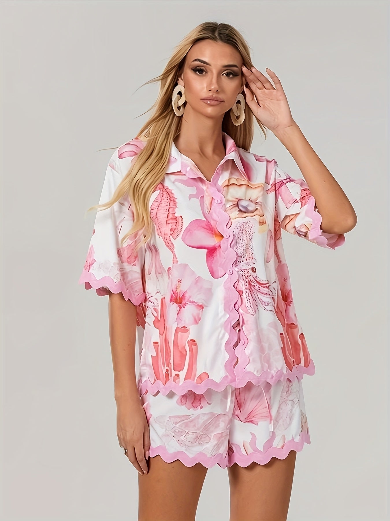 Women printed two piece set with short sleeve shirt scalloped trim and high waist drawstring shorts for summer wear