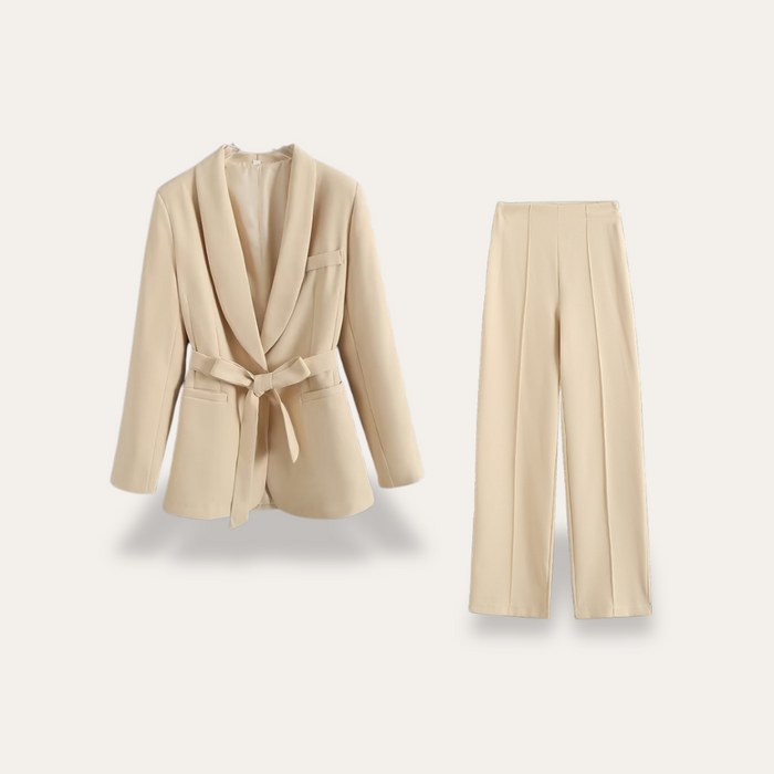 Women tie waist blazer and wide leg trouser suit set with relaxed fit for office and evening wear