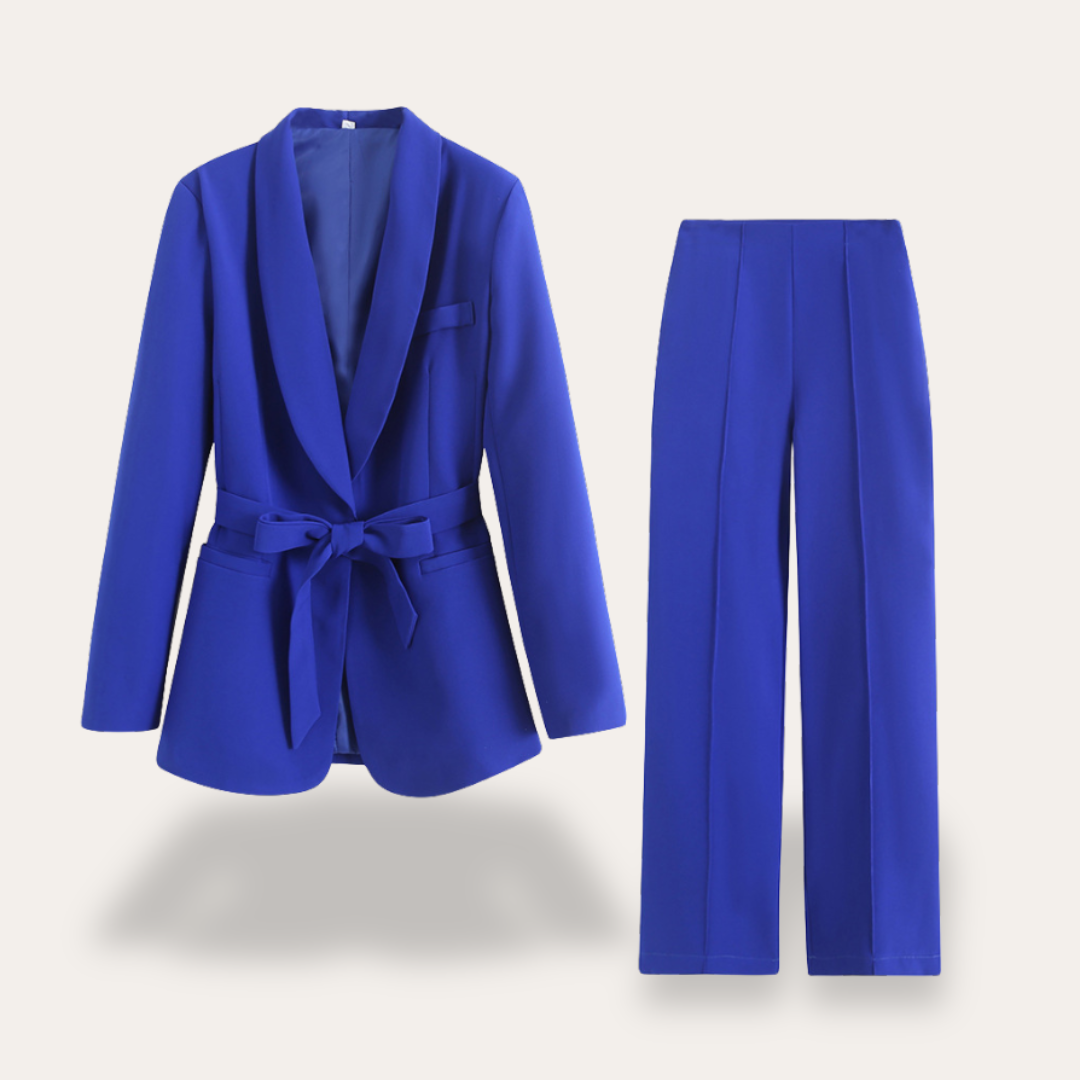 Women tie waist blazer and wide leg trouser suit set with relaxed fit for office and evening wear