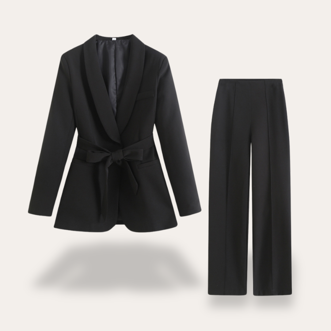 Women tie waist blazer and wide leg trouser suit set with relaxed fit for office and evening wear