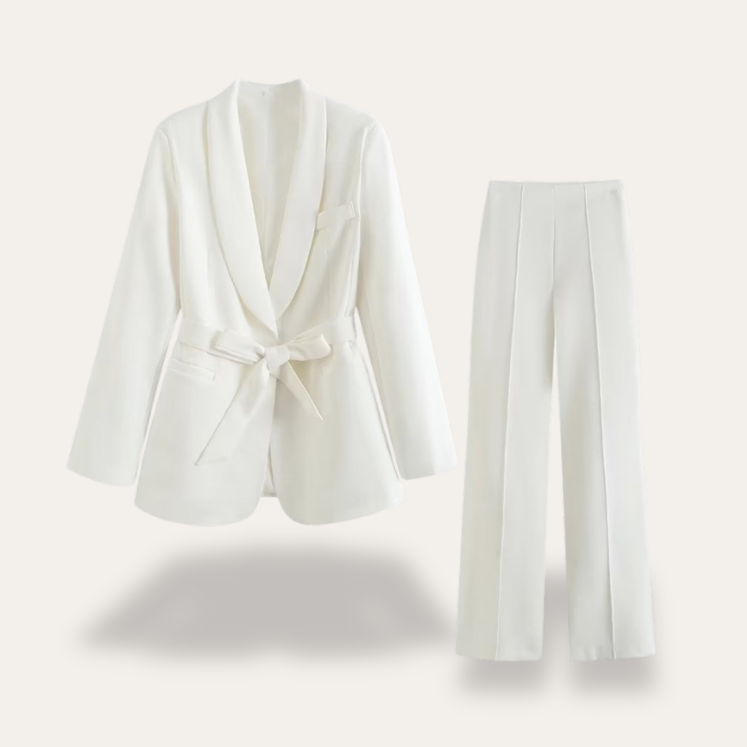Women tie waist blazer and wide leg trouser suit set with relaxed fit for office and evening wear