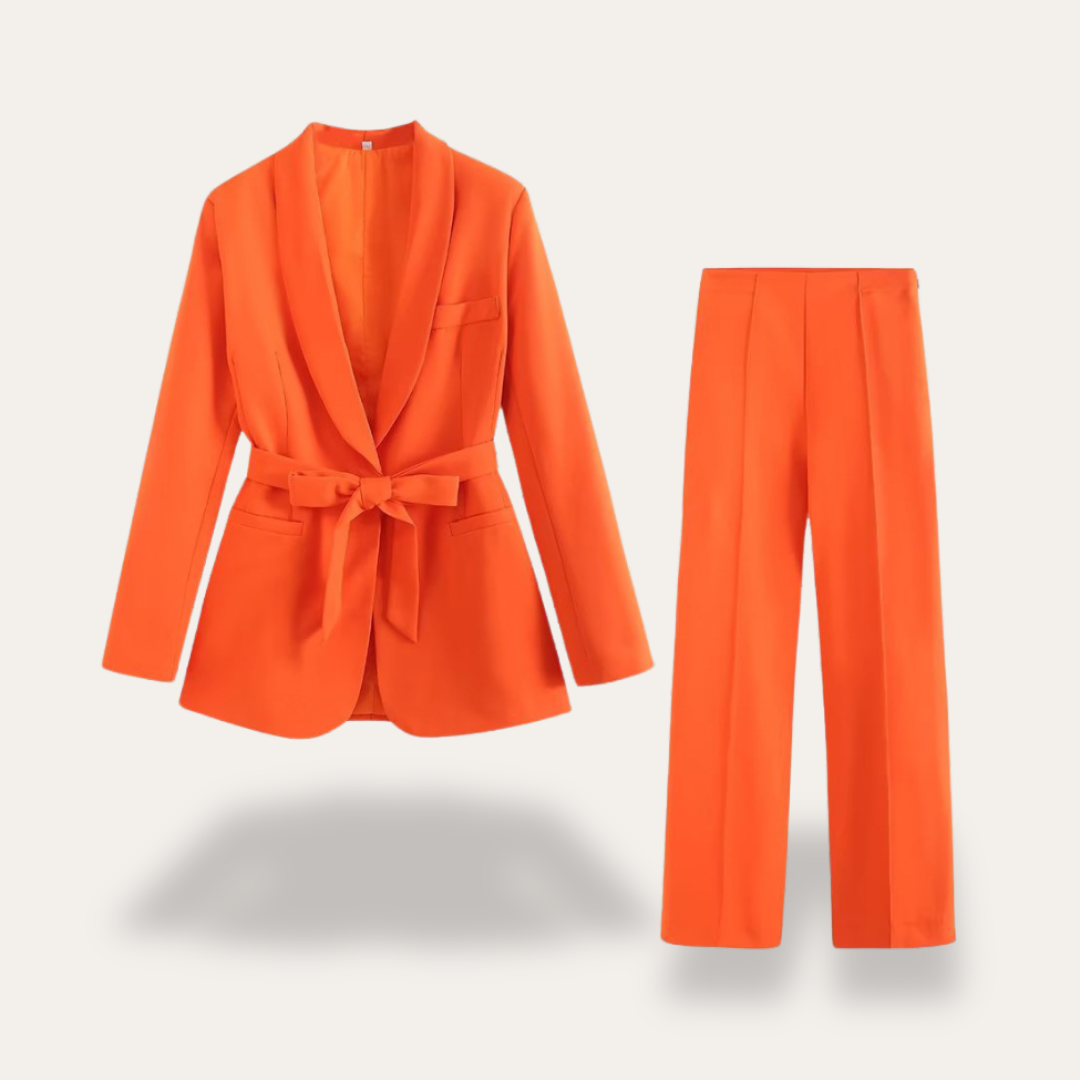 Women tie waist blazer and wide leg trouser suit set with relaxed fit for office and evening wear