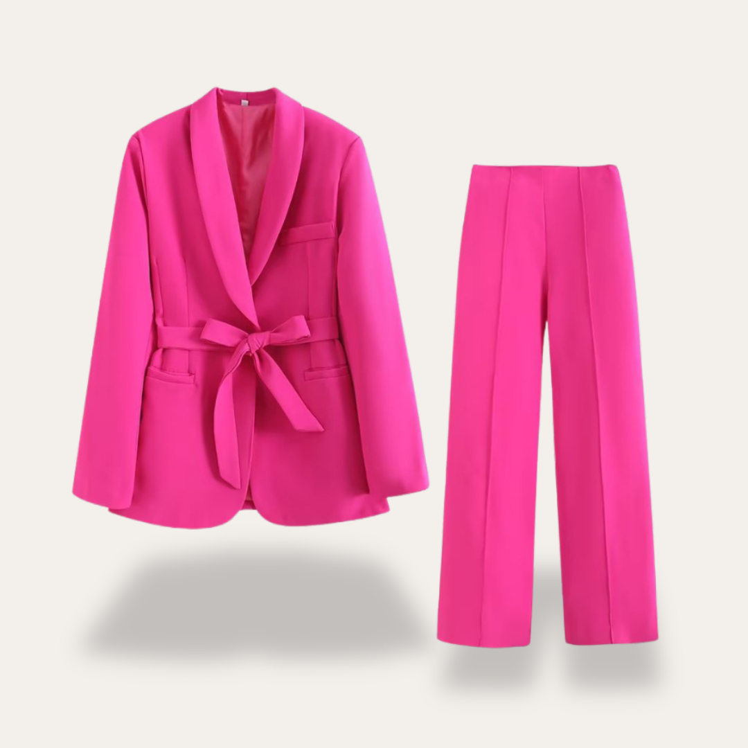Women tie waist blazer and wide leg trouser suit set with relaxed fit for office and evening wear