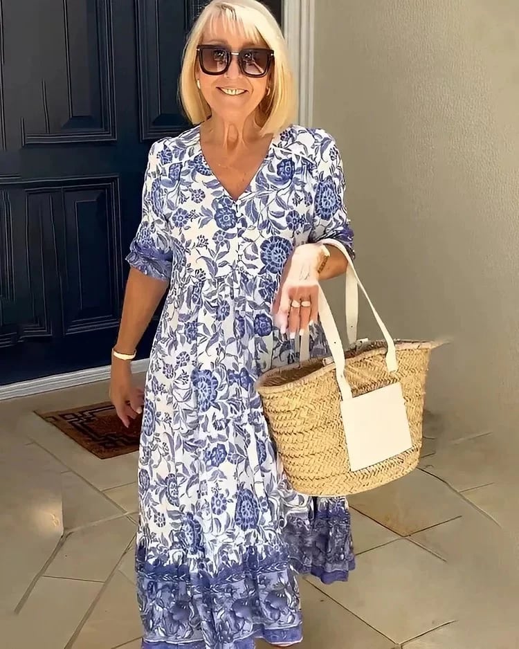 Women’s V-neck bohemian dress with short sleeves and relaxed fit