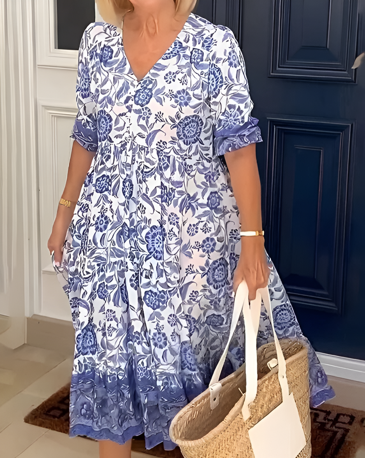 Women’s V-neck bohemian dress with short sleeves and relaxed fit