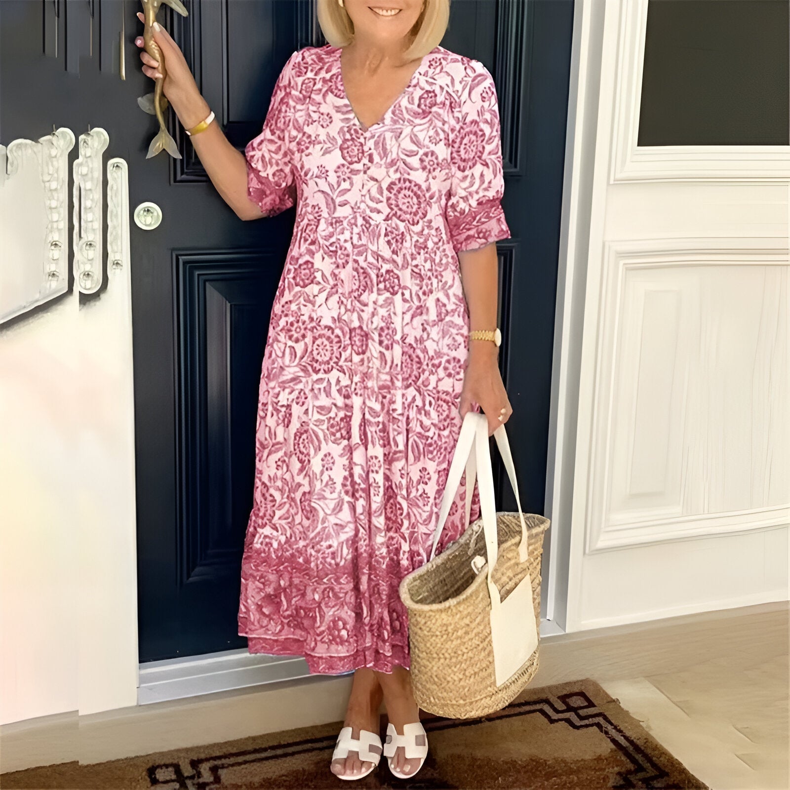 Women’s V-neck bohemian dress with short sleeves and relaxed fit