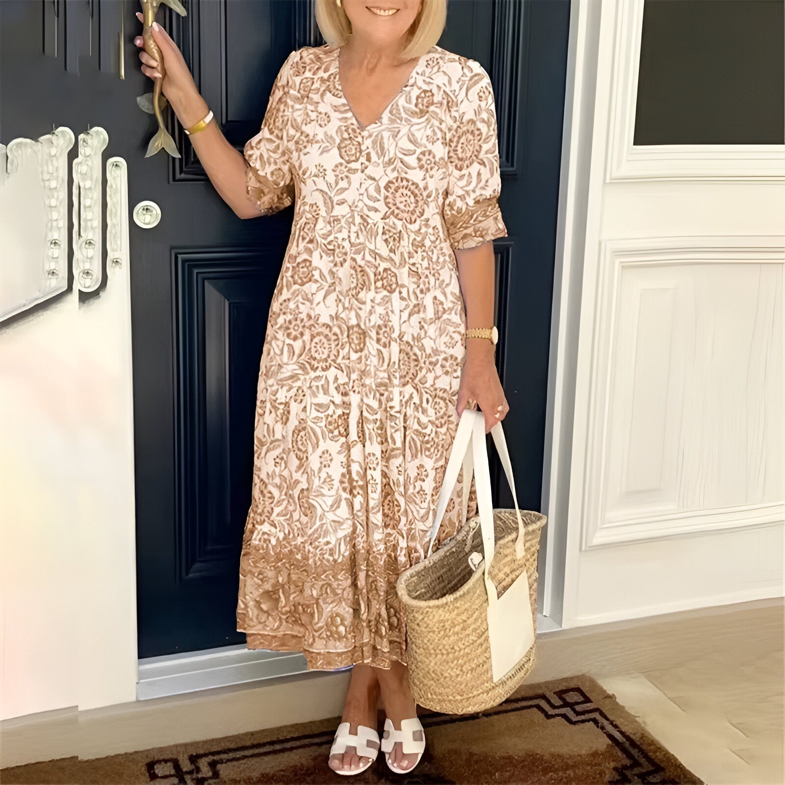 Women’s V-neck bohemian dress with short sleeves and relaxed fit