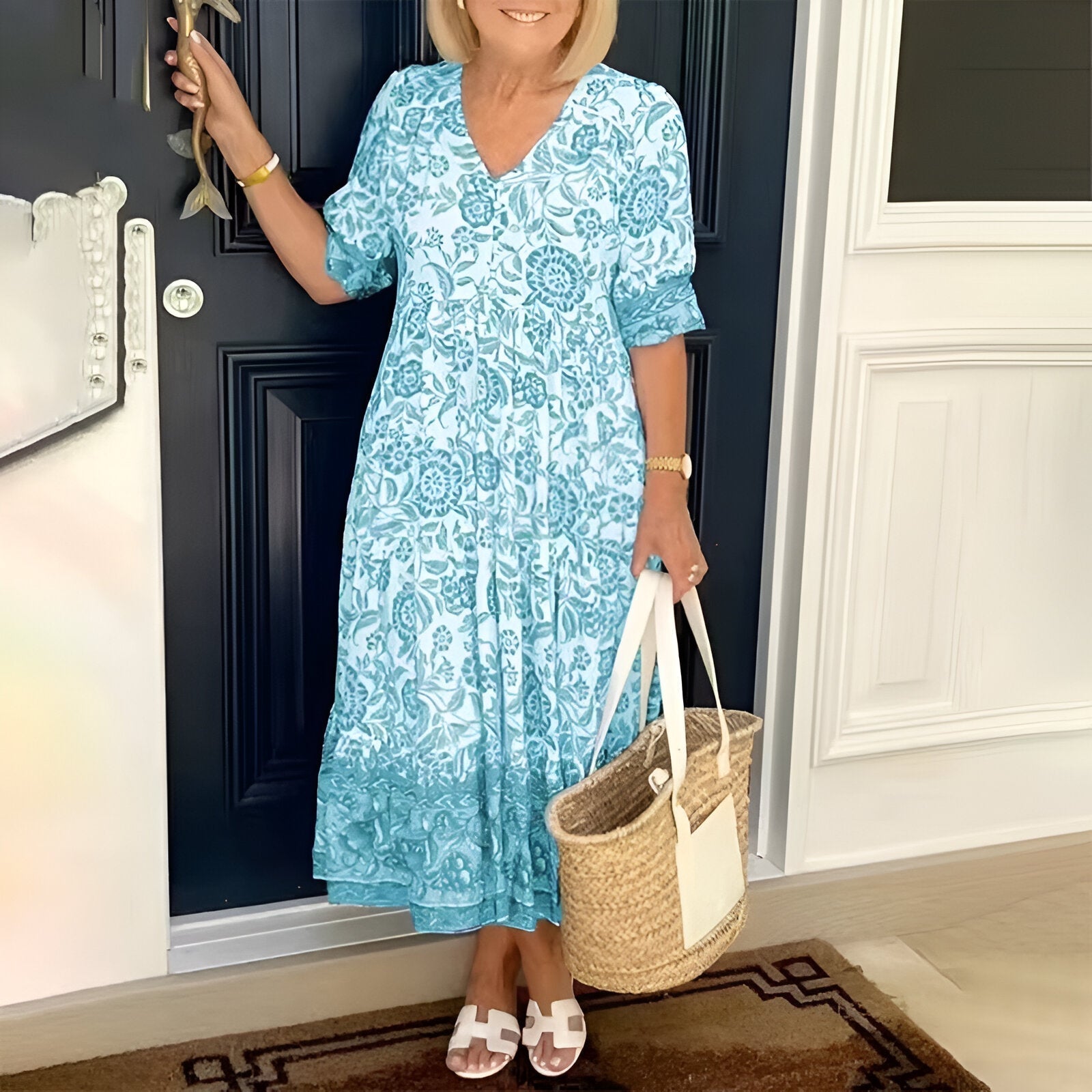 Women’s V-neck bohemian dress with short sleeves and relaxed fit