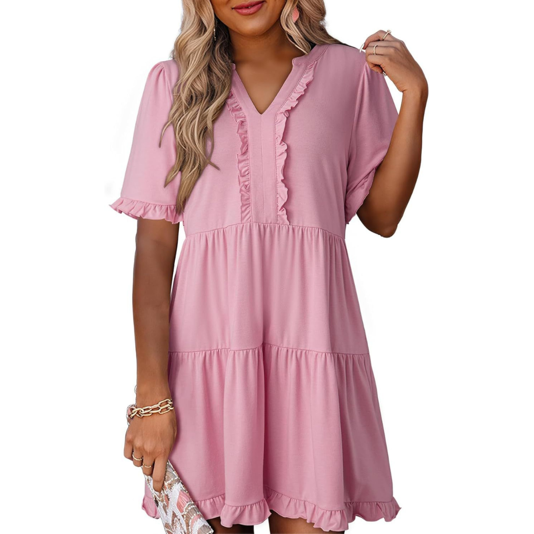 Women’s V-neck casual mini dress in solid color with relaxed fit