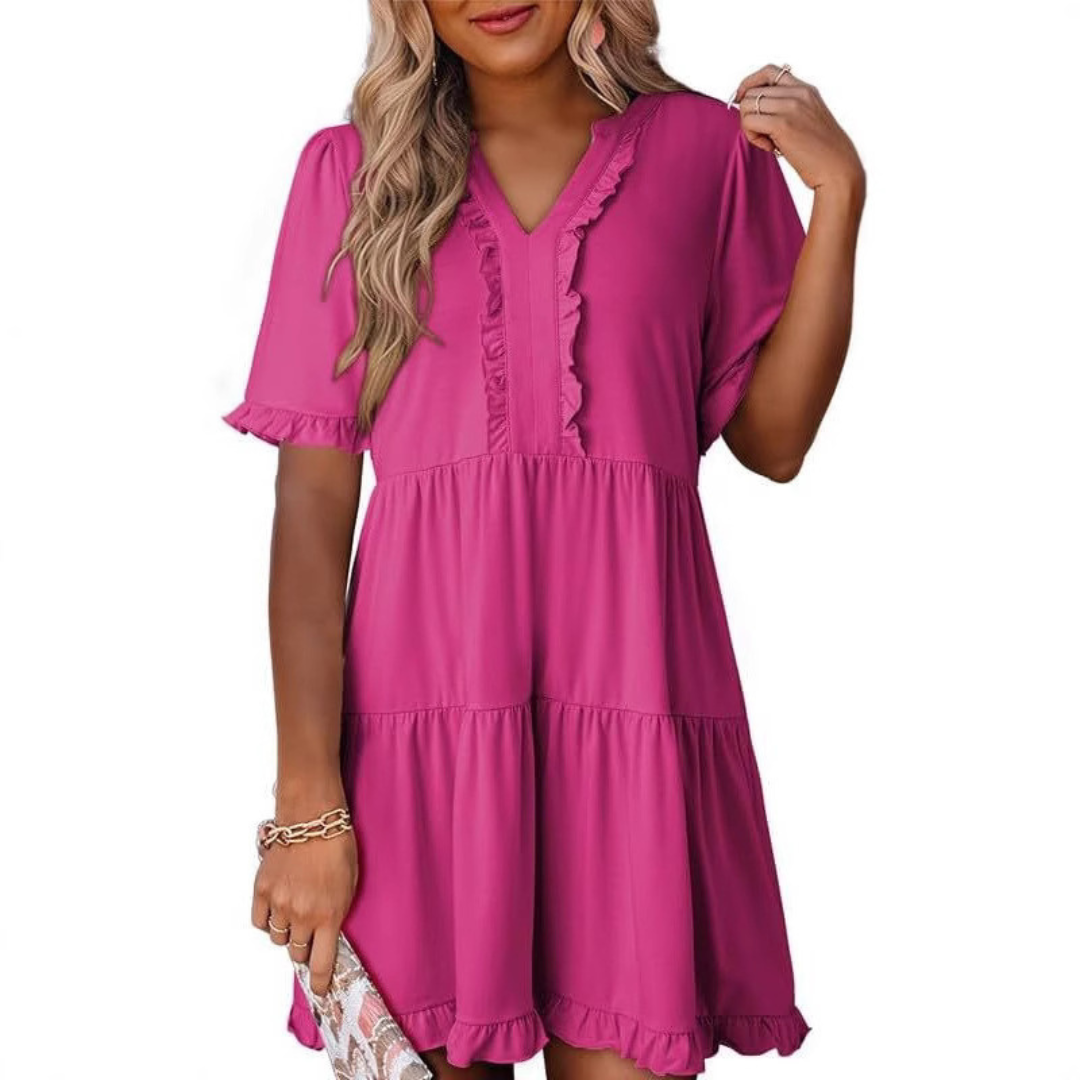 Women’s V-neck casual mini dress in solid color with relaxed fit