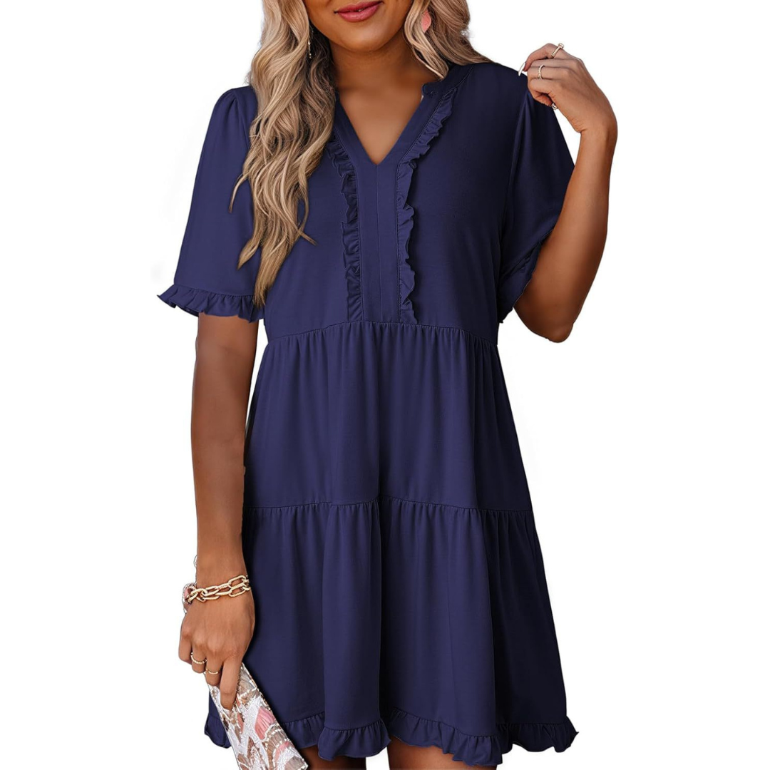 Women’s V-neck casual mini dress in solid color with relaxed fit