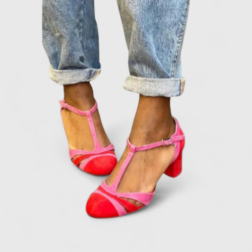 Women's ankle strap heels with soft cushioned sole in neutral color