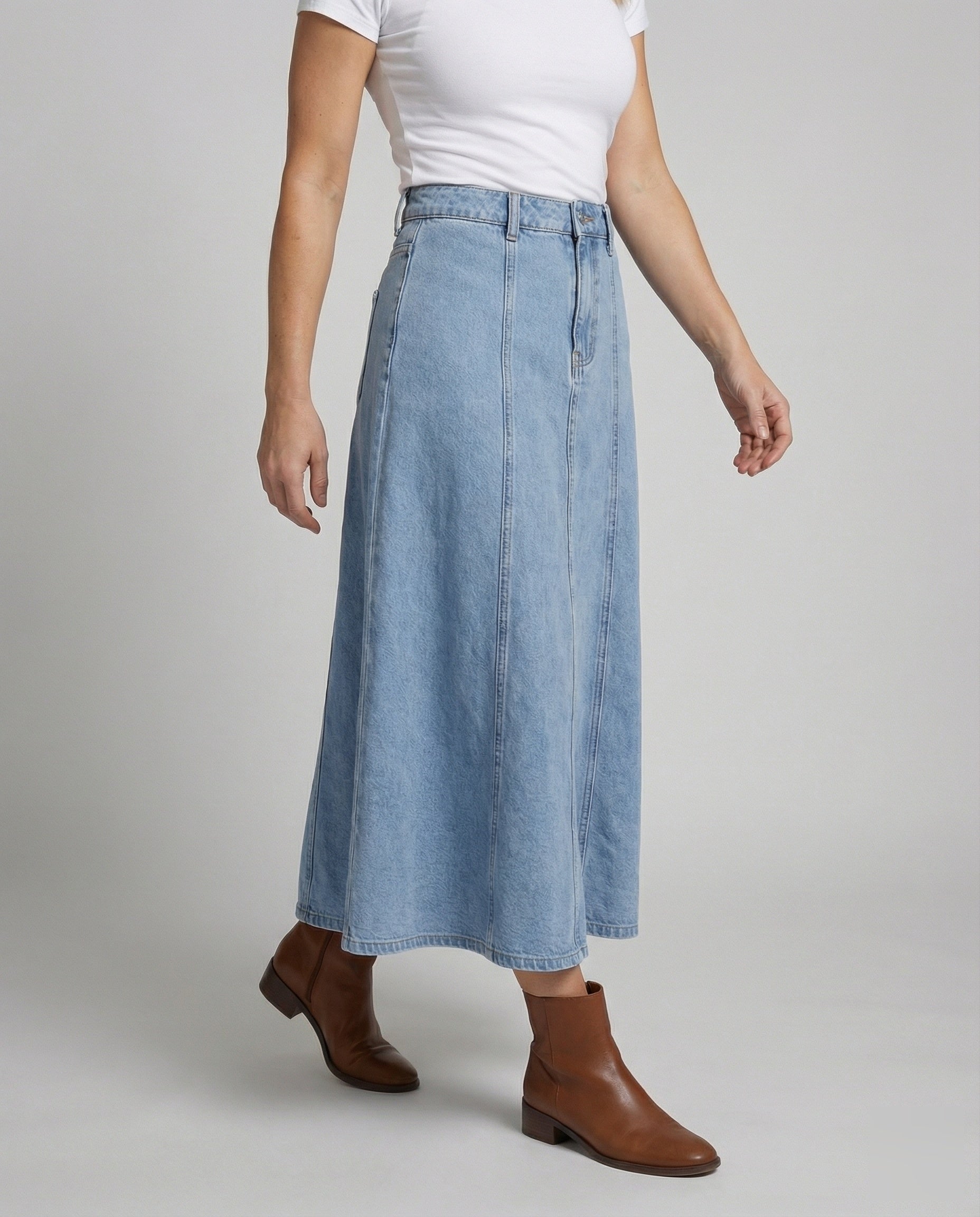 Women’s A-line denim panel skirt with high waist and flowing silhouette