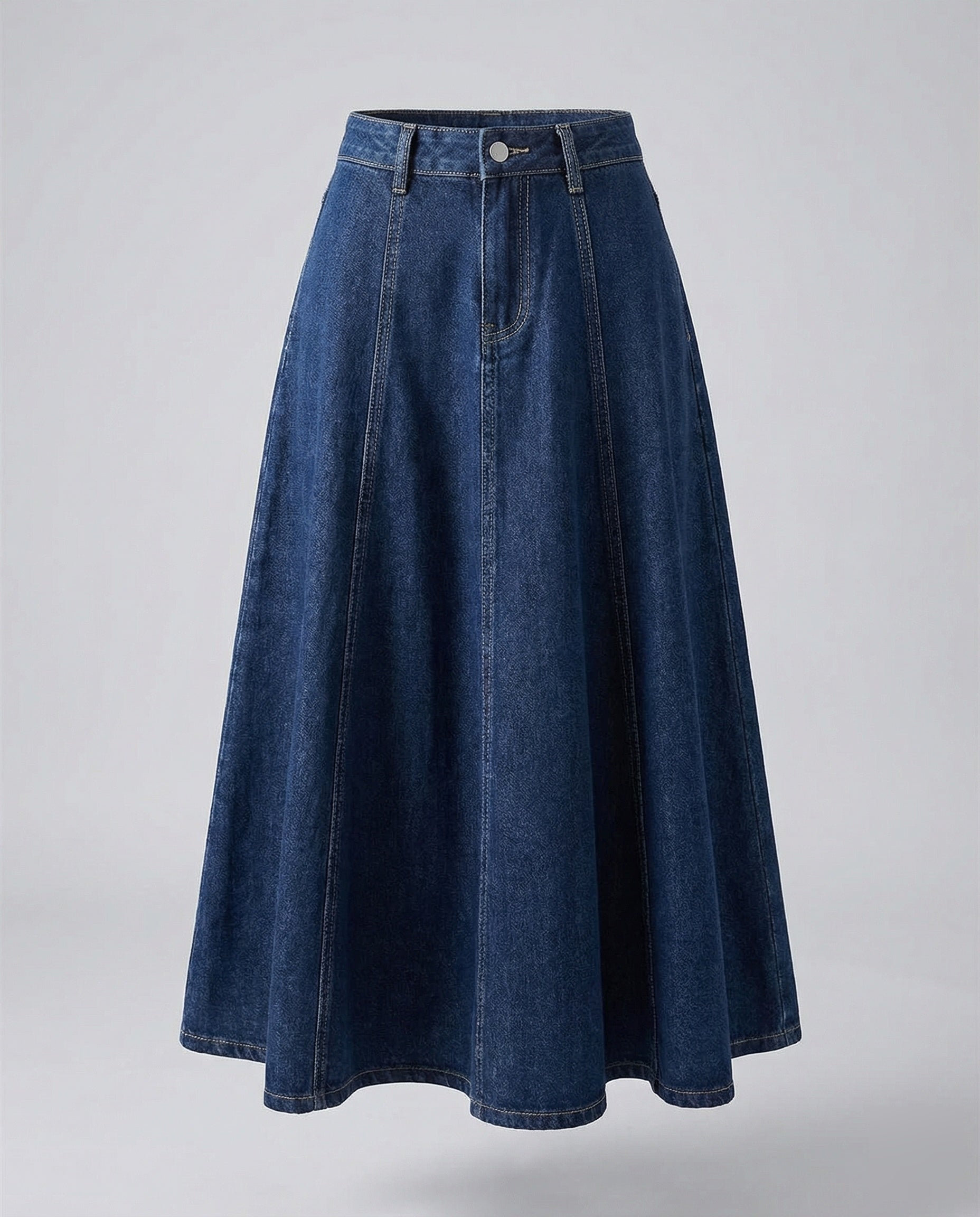 Women’s A-line denim panel skirt with high waist and flowing silhouette