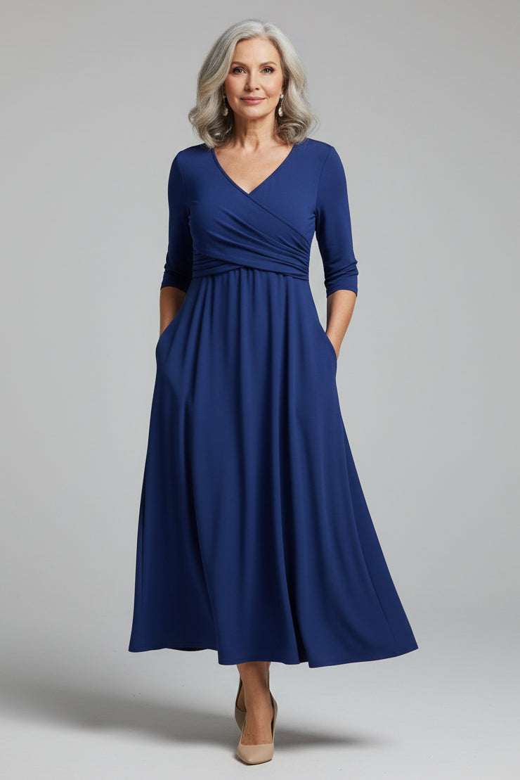Women’s A-line V-neck spring dress in cotton blend fabric with pockets and relaxed fit silhouette