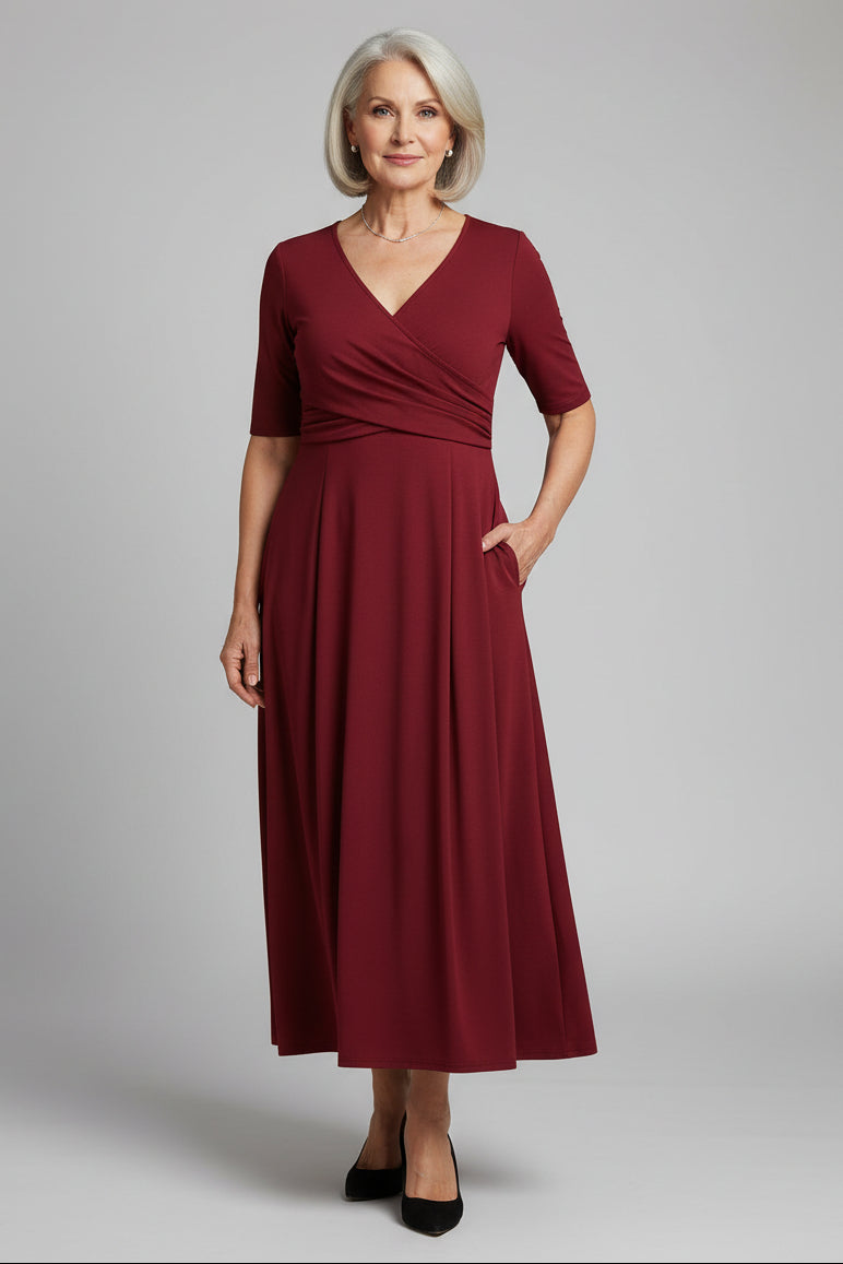 Women’s A-line V-neck spring dress in cotton blend fabric with pockets and relaxed fit silhouette