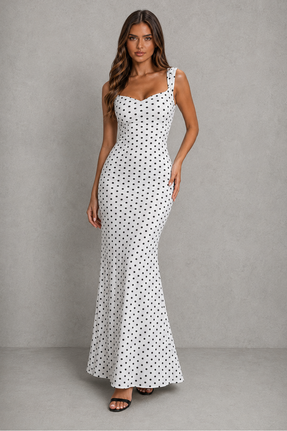 Women’s backless polka dot maxi dress with statement bow detail, sleeveless design, and flattering body-skimming silhouette.