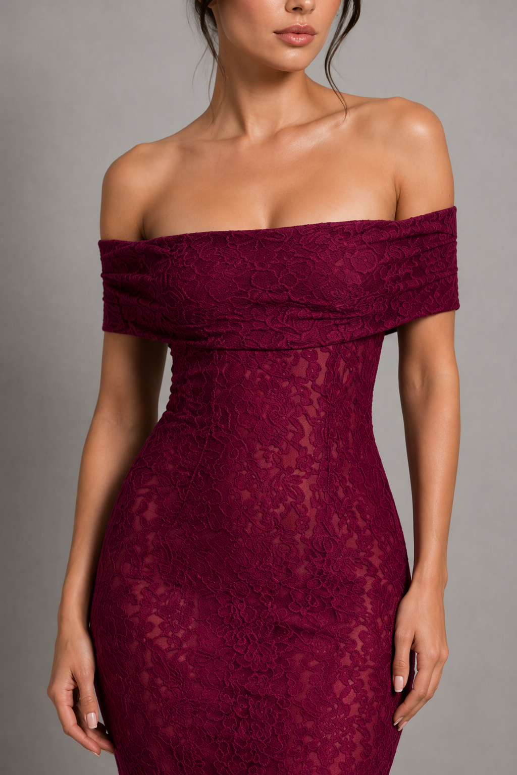Women's off-the-shoulder bardot floral lace maxi dress with a fit-and-flare silhouette, sheer lace detailing, contour seams, and a low cut-out back, designed for elegant evening and special occasion wear.