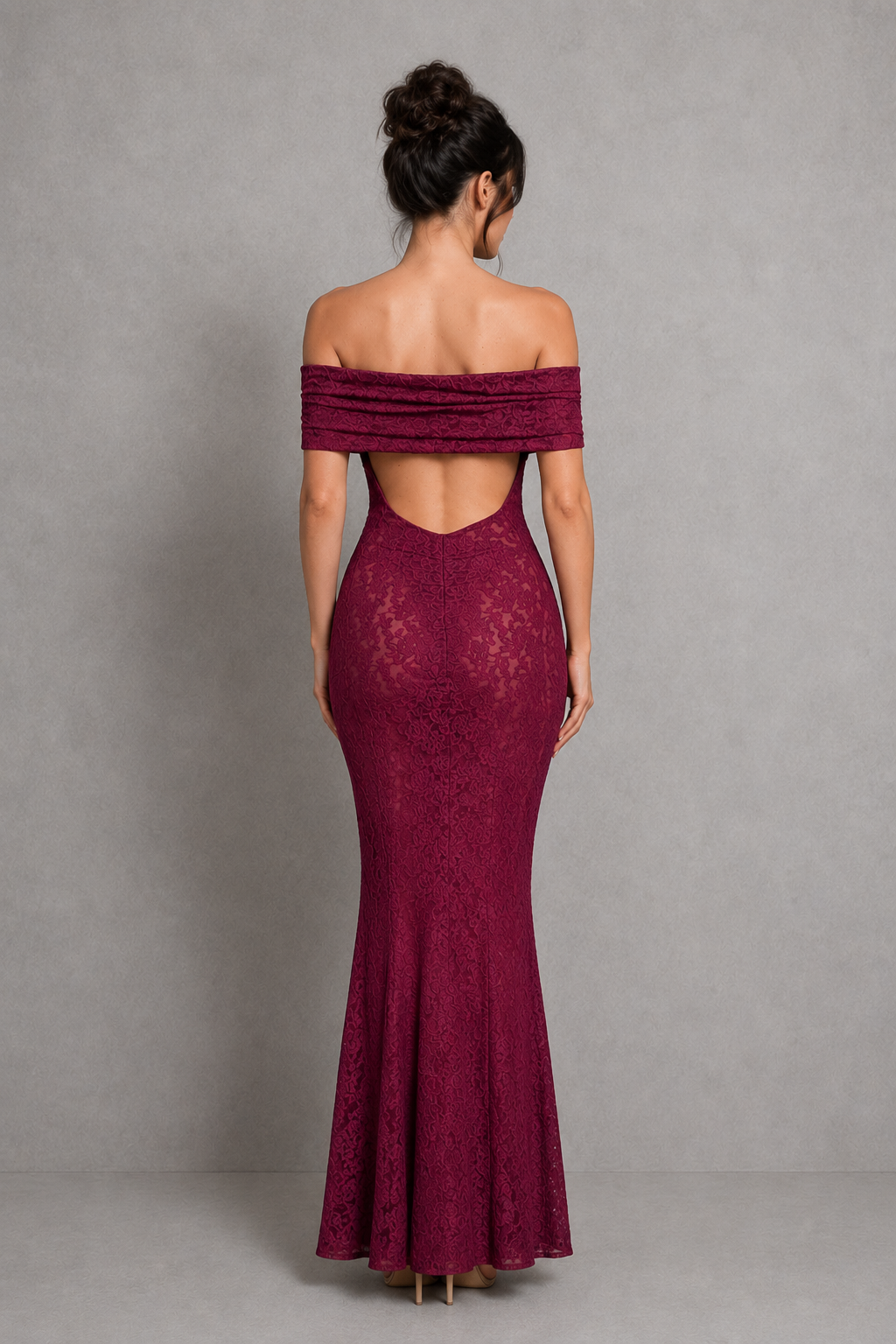Women's off-the-shoulder bardot floral lace maxi dress with a fit-and-flare silhouette, sheer lace detailing, contour seams, and a low cut-out back, designed for elegant evening and special occasion wear.