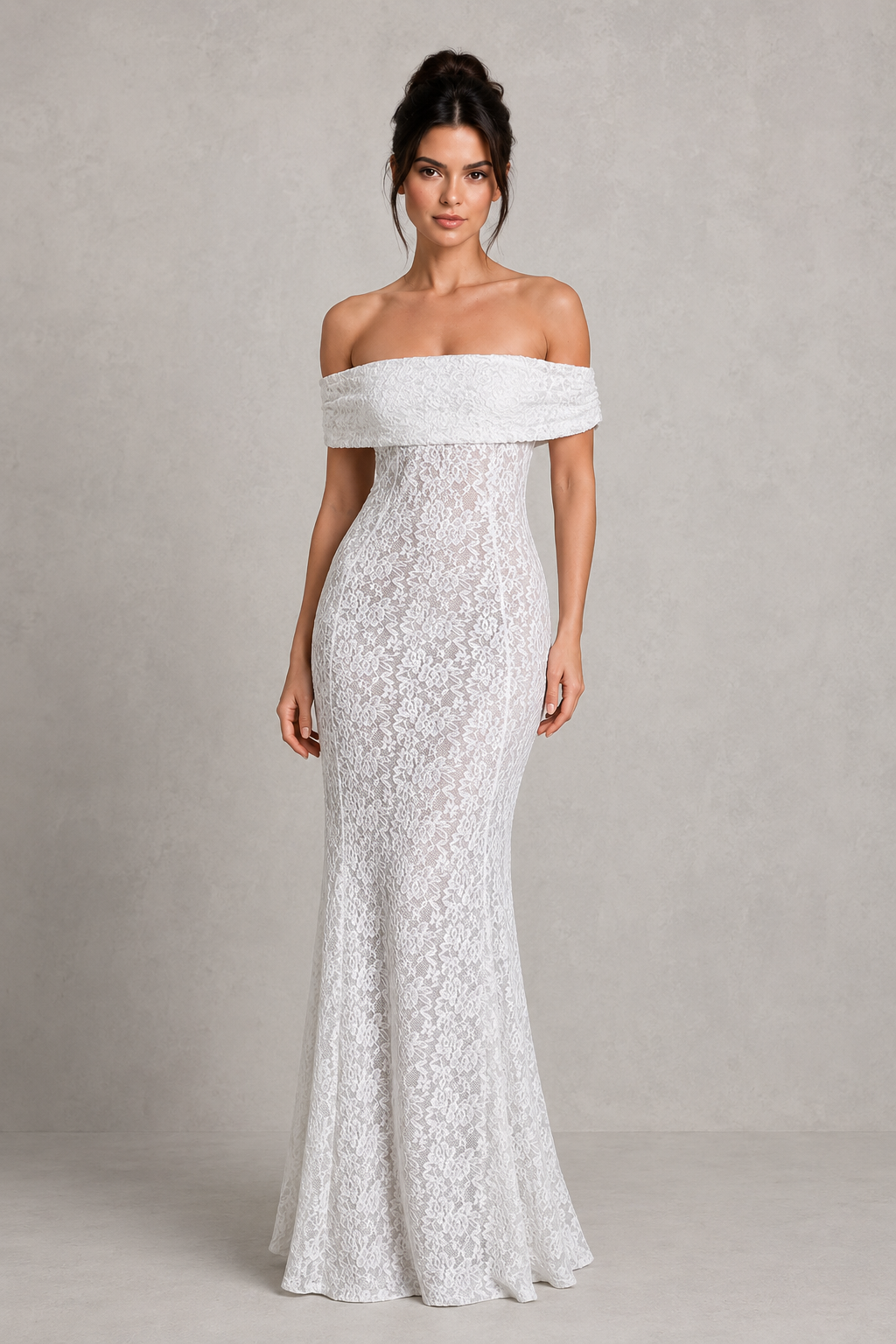 Women's off-the-shoulder bardot floral lace maxi dress with a fit-and-flare silhouette, sheer lace detailing, contour seams, and a low cut-out back, designed for elegant evening and special occasion wear.
