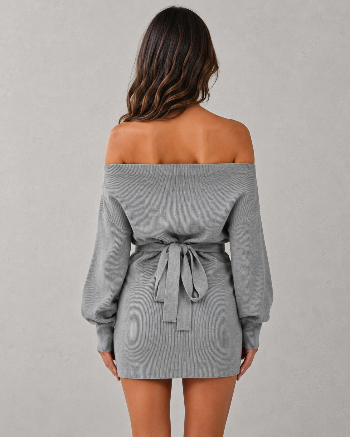 Women's off-the-shoulder Bardot ribbed knit mini dress with long sleeves, adjustable tie waist, relaxed bodice, and fitted bodycon skirt for casual or evening wear.