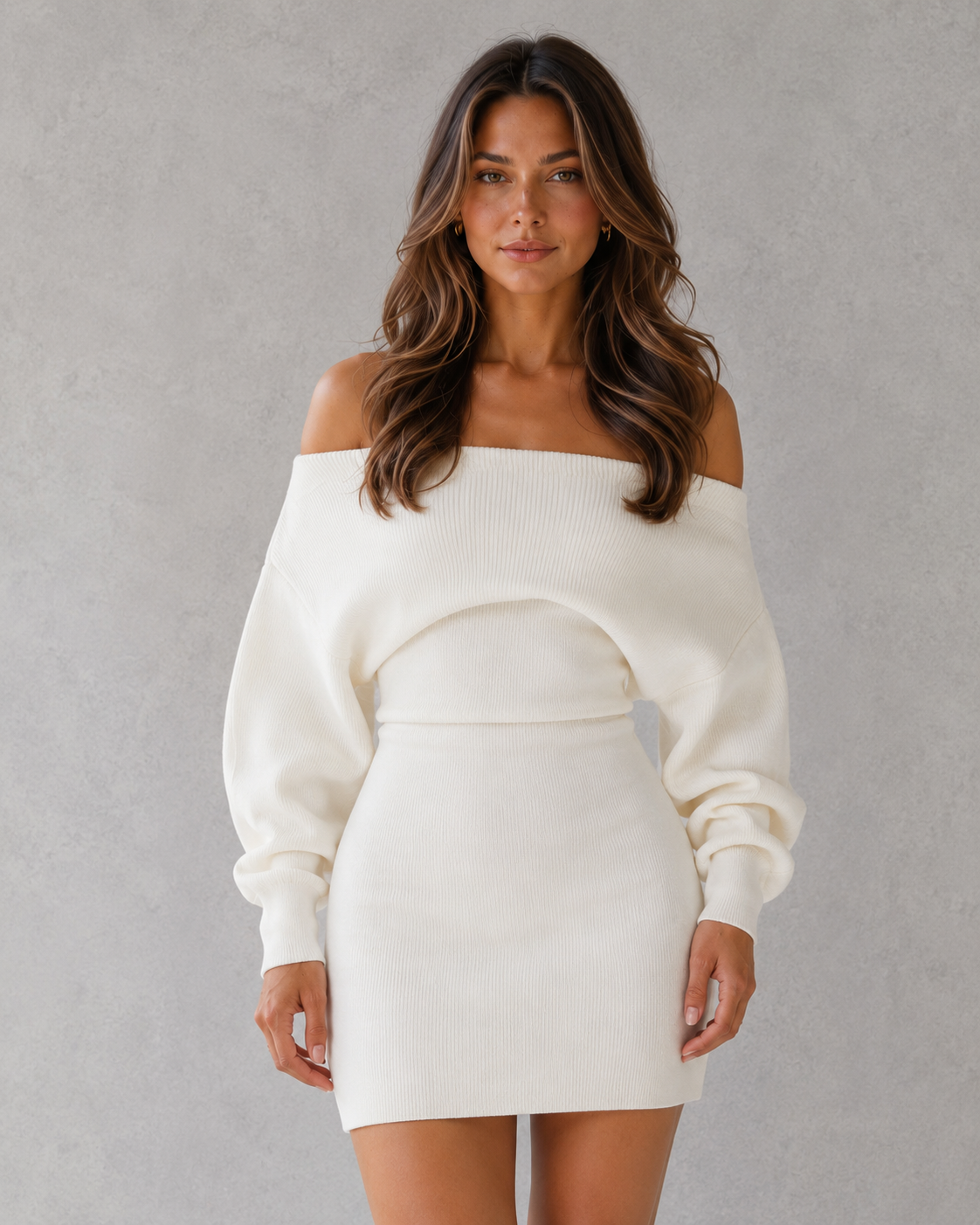 Women's off-the-shoulder Bardot ribbed knit mini dress with long sleeves, adjustable tie waist, relaxed bodice, and fitted bodycon skirt for casual or evening wear.