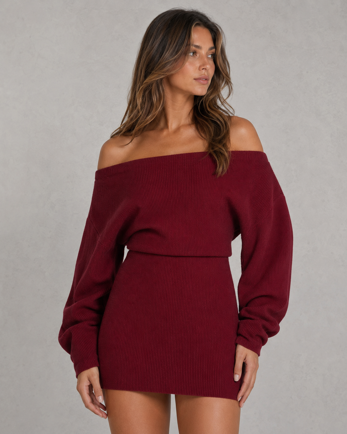 Women's off-the-shoulder Bardot ribbed knit mini dress with long sleeves, adjustable tie waist, relaxed bodice, and fitted bodycon skirt for casual or evening wear.