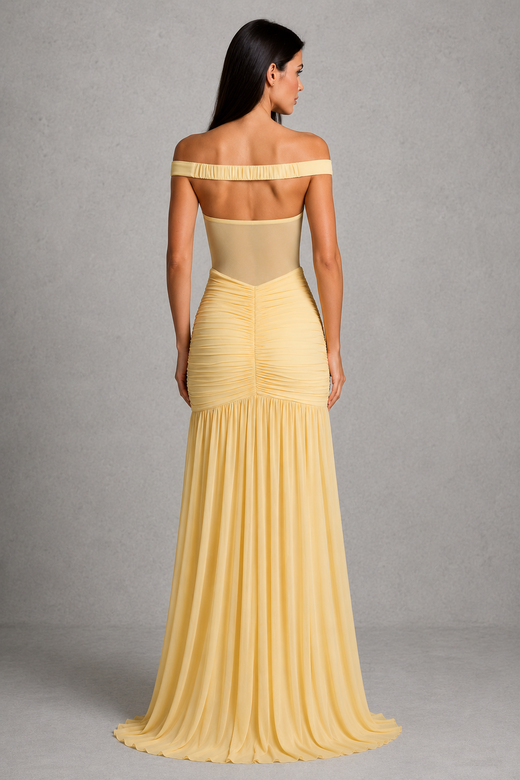Women’s bardot mesh maxi dress with a sweetheart neckline, sheer mesh bodice, ruched hips, dropped waist, and dramatic thigh-high split. Elegant fitted silhouette with a flowing skirt, designed for evening events, formal occasions, and special celebrations.